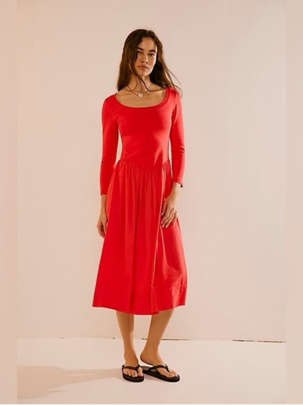 Free People Red Scoop-Neck Long-Sleeve Midi Dress - Picture 6 of 6